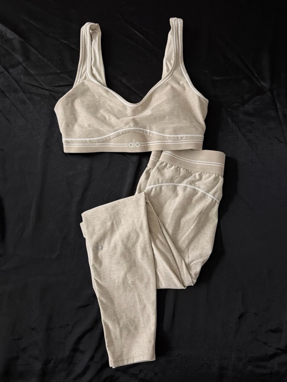 ALO Yoga Beige Sports Bra and Leggings Set